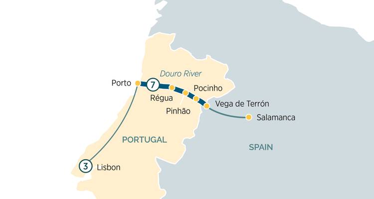 Mapa de itinerario simplificado de Portugal y España destacando Oporto, Lisboa y la ruta del crucero por el río Duero.