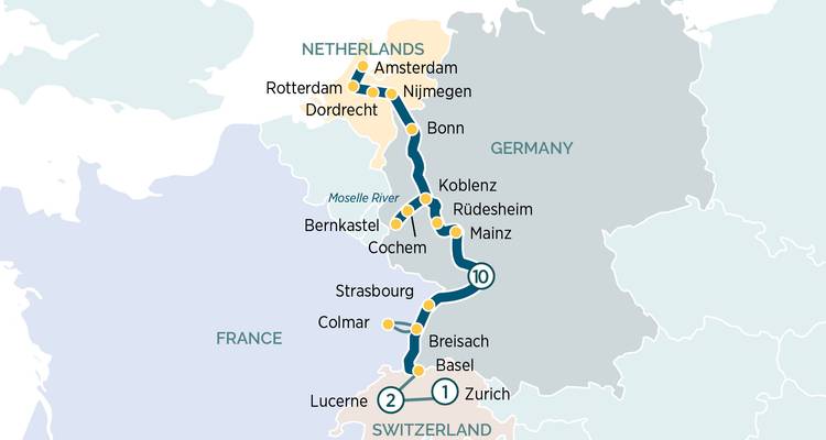 Mapa de ruta que muestra un itinerario de crucero fluvial de Zúrich a Ámsterdam.