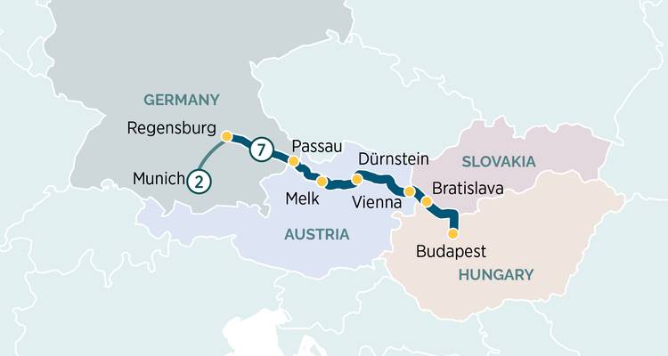 Carte simplifiée illustrant une croisière sur le Danube entre l'Allemagne, l'Autriche, la Slovaquie et la Hongrie.