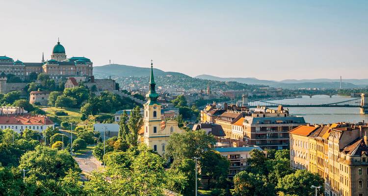 Vue panoramique sur le château de Buda et le Danube à Budapest par une journée ensoleillée.