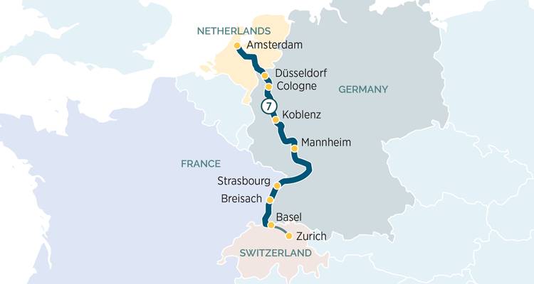 Carte de croisière simplifiée d'Amsterdam à Zurich le long du Rhin.