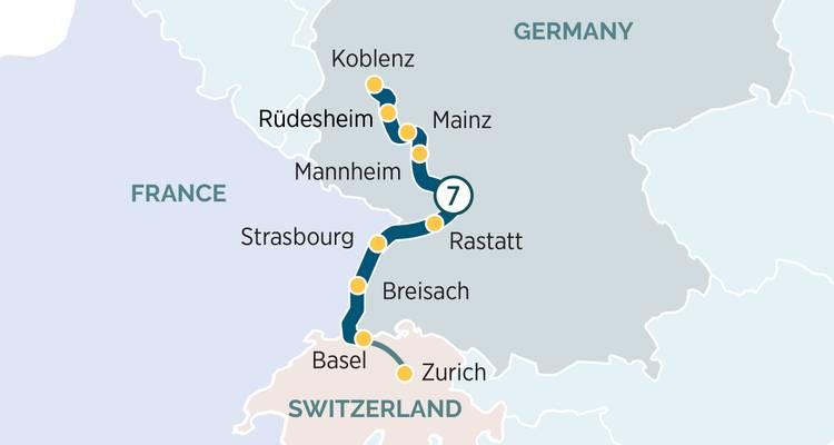 Carte d'une croisière sur le Rhin entre Coblence et Zurich avec des arrêts à Rüdesheim et Strasbourg.