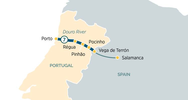 Map showing a one-week Douro River cruise itinerary between Porto and Salamanca.