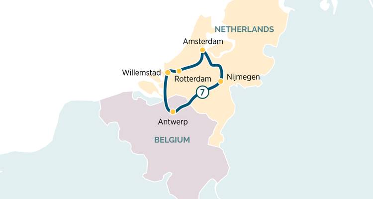 Carte d'itinéraire circulaire des Pays-Bas et de la Belgique visitant Amsterdam, Rotterdam, Nimègue et Anvers.