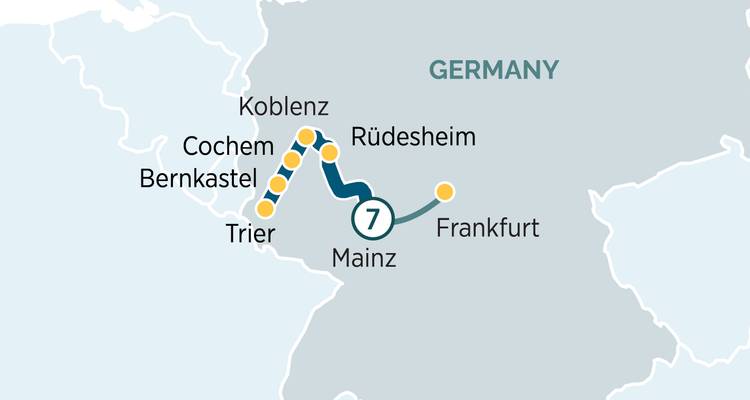 Carte simple montrant une croisière aller-retour sur le Rhin et la Moselle au départ de Mayence.