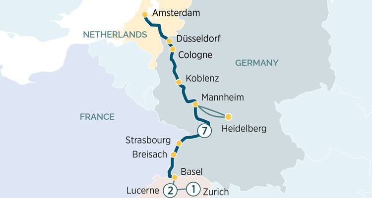 Carte d'itinéraire montrant un parcours de croisière d'Amsterdam à Zurich à travers la vallée du Rhin.