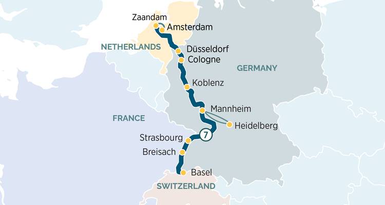 Carte décrivant une croisière d'une semaine sur le Rhin d'Amsterdam à Bâle via Strasbourg.