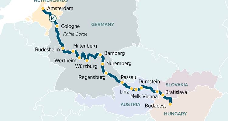 Detailed Danube and Rhine cruise map from Amsterdam to Budapest with multiple stops.