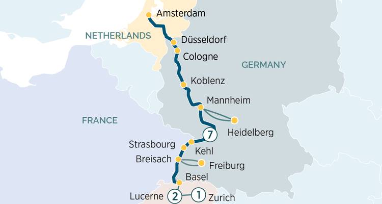 Route map linking Amsterdam to Zurich via the Rhine with German and French stops.