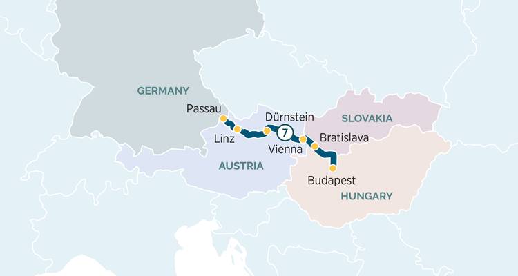 Carte d'itinéraire du Danube reliant Vienne, Bratislava, Budapest, Linz et Passau.