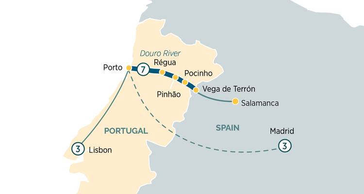 Carte illustrant un itinéraire de croisière sur le fleuve Douro à travers le Portugal et l'Espagne.