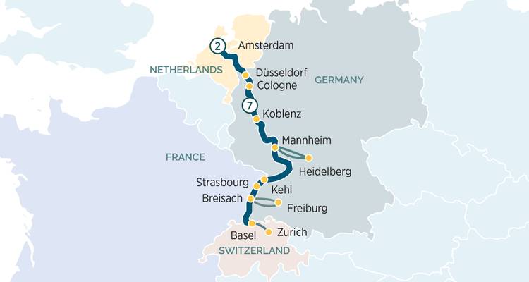 Carte régionale représentant une croisière d'Amsterdam à travers l'Allemagne jusqu'en Suisse.