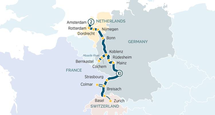 Carte détaillée d'un itinéraire de croisière sur le Rhin et la Moselle entre les Pays-Bas, l'Allemagne, la France et la Suisse.