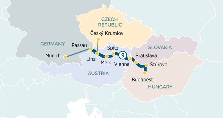 Danube cruise map from Munich to Budapest via Austria, Slovakia and Hungary.