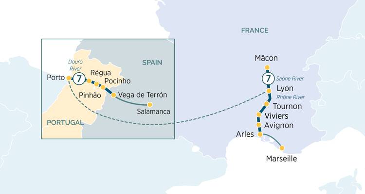 Mapa de ruta que ilustra el itinerario combinado de crucero por los ríos Ródano y Duero a través de Francia, España y Portugal.