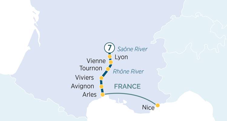 Carte simplifiée mettant en évidence un itinéraire de croisière le long de la Saône et du Rhône de Lyon à Nice dans le sud de la France.