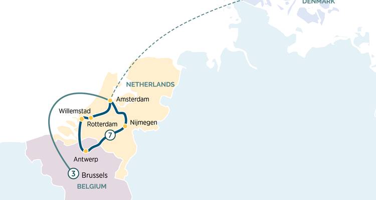 Reisrouteplattegrond die cruiseverbindingen tussen Amsterdam, Rotterdam, Antwerpen en Brussel benadrukt.