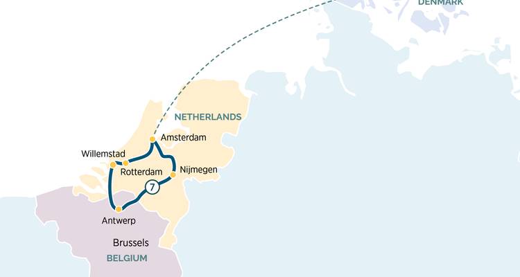 Geïllustreerde routekaart die een reisroute door Nederland en België benadrukt