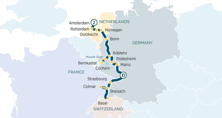 Carte d'itinéraire pour une croisière sur le Rhin et la Moselle entre Amsterdam et Bâle.