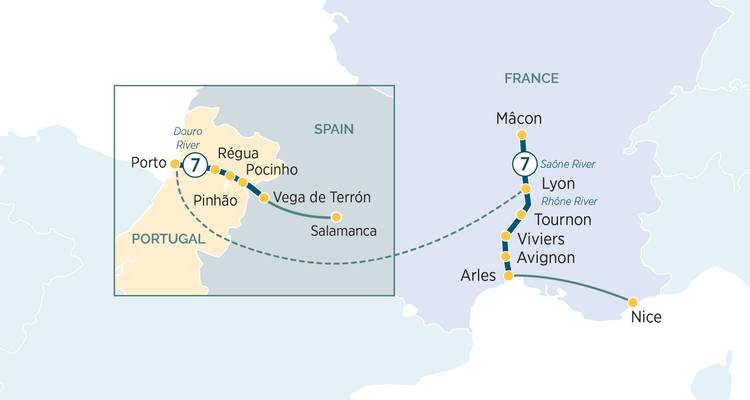 Kombinierte Frankreich- und Portugal-Kreuzfahrtkarte, die die Regionen Douro und Rhône verbindet.