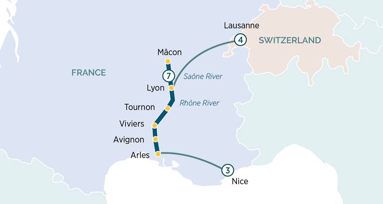 Carte de croisière reliant Lausanne, Lyon, Arles et Nice le long des fleuves Rhône et Saône.