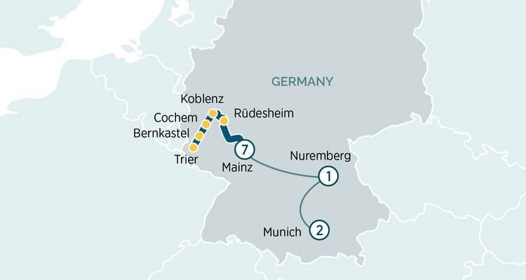 Carte de la croisière Rhin–Moselle–Mayence avec extensions vers Nuremberg et Munich.