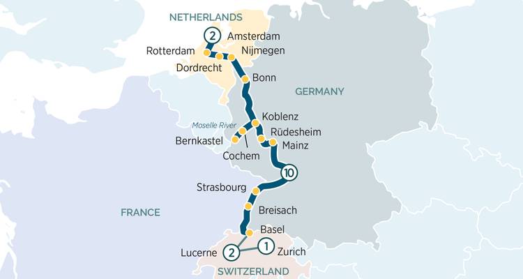 Carte d'itinéraire de croisière représentant Amsterdam à Zurich via la vallée du Rhin.