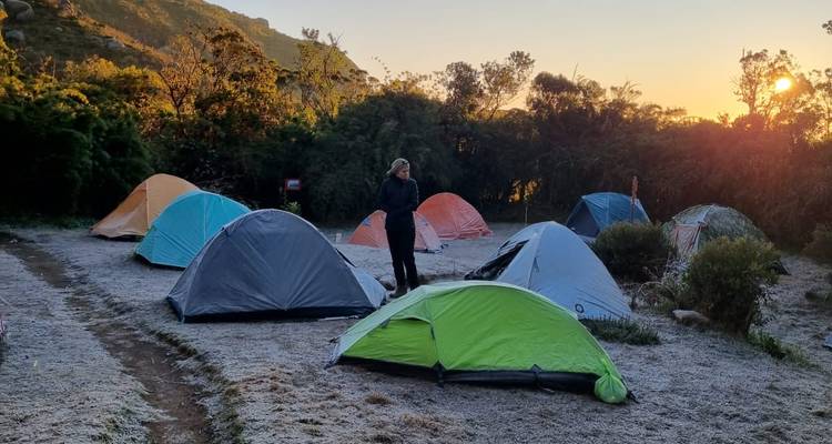 Campement couvert de givre au lever du soleil avec des tentes colorées et un campeur solitaire debout parmi les arbres