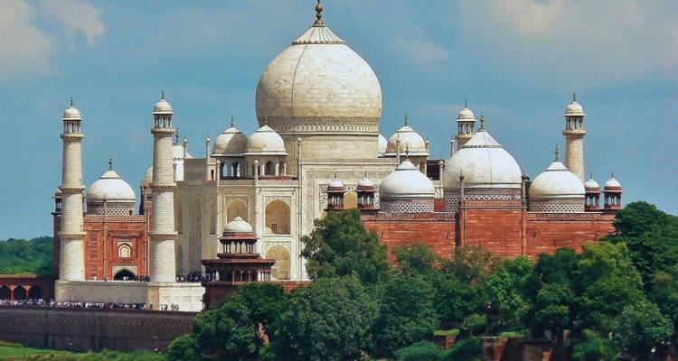 Icónico mausoleo de mármol del Taj Mahal elevándose sobre exuberantes árboles bajo un cielo azul brillante