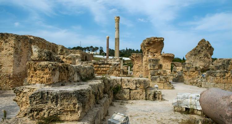 Uitgestrekt uitzicht over de archeologische site van Carthago met staande zuilen en verspreide stenen blokken.