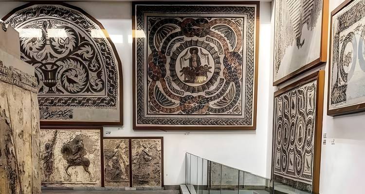 Binnenexpositie van sierlijke Romeinse mozaïeken in een Tunesische museumgalerij.