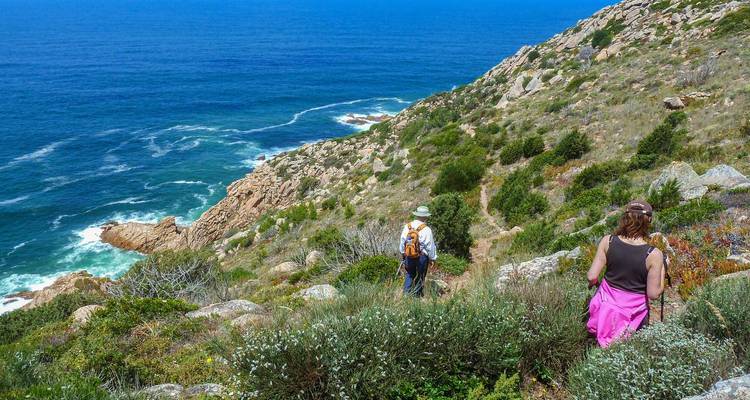Wanderer gehen entlang eines Küstenpfades oberhalb türkisfarbener Wellen, die gegen felsige Klippen krachen.
