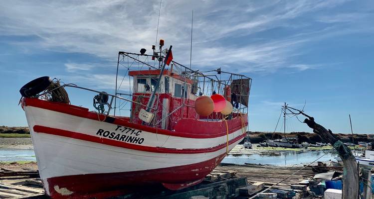 Rot-weißes Fischerboot auf Holzstützen neben einem Gezeitenmoor unter blauem Himmel.