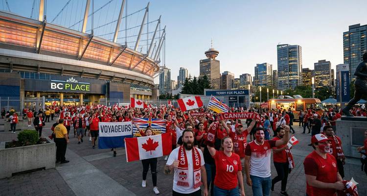 Een grote menigte enthousiaste fans in rood-witte Canadese kleding zwaait met vlaggen buiten BC Place stadion met de skyline van Vancouver op de achtergrond tijdens het vroege avondlicht.