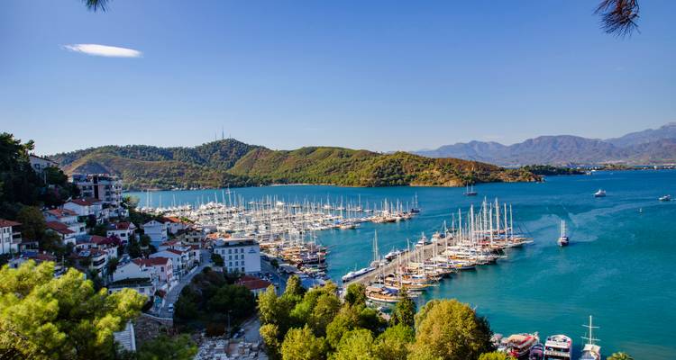 Scène de port animée avec de l'eau turquoise, des yachts et des péninsules boisées sous un ciel bleu dégagé.