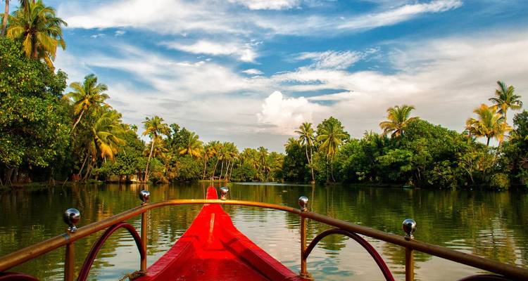 Proue de bateau-maison rouge vif glissant à travers les luxuriants backwaters du Kerala bordés de palmiers.