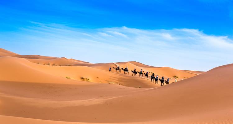 Larga fila de camellos con jinetes serpenteando a través de vastas dunas ondulantes bajo un cielo azul vívido.