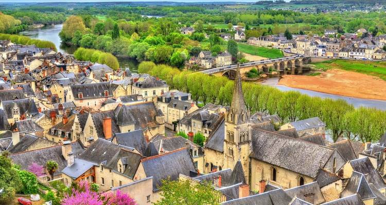 Vue en plongée sur les toits médiévaux de Chinon, le clocher de l'église et le paysage verdoyant de la vallée de la Loire.