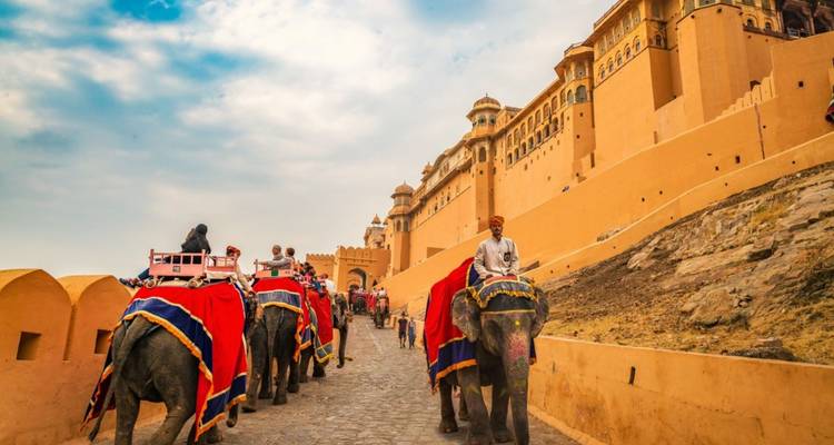 Elefanten, die Touristen die Rampe zu den Sandsteinmauern des Amber Forts in Jaipur unter einem diesigen Himmel hinauftragen.