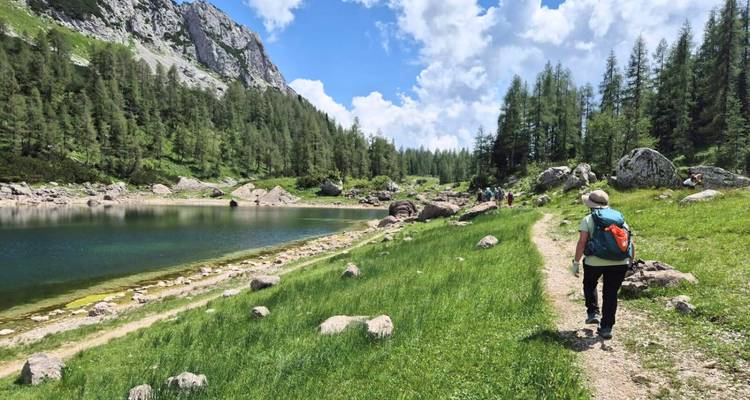 Un randonneur marche sur un sentier au bord d'un lac bordé par une forêt luxuriante et des sommets imposants dans les Alpes slovènes.
