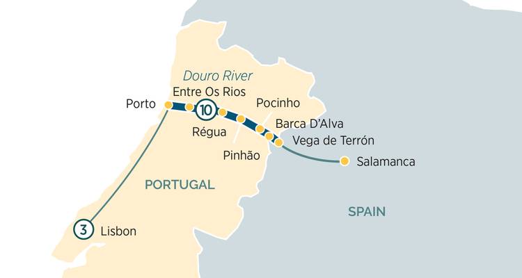 Vereinfachte Karte einer Douro-Flusskreuzfahrt von Lissabon nach Salamanca über Nordportugal.