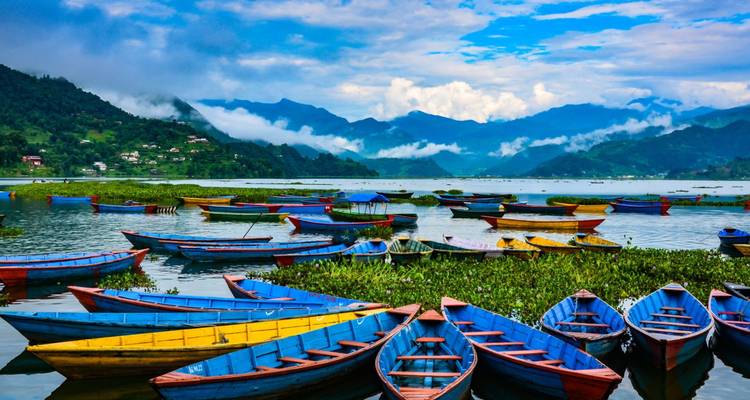 Botes de madera pintados de colores brillantes flotan en las aguas serenas del lago Phewa con colinas brumosas detrás.