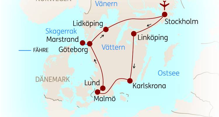Geïllustreerde routekaart van zuidelijk Zweden met een cirkelvormige route tussen grote steden.