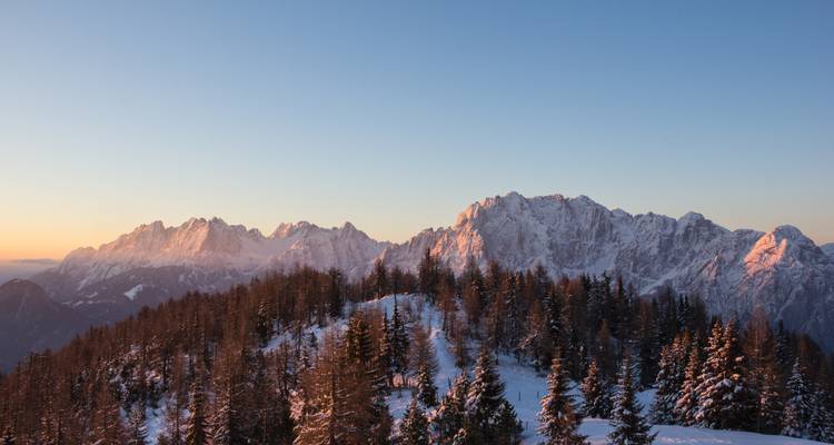 Crête alpine drapée de neige et forêt de pins illuminées par la chaude lueur alpine au coucher du soleil