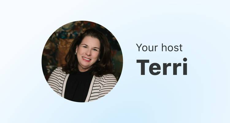 Diapositive graphique avec portrait circulaire d'une femme étiquetée 'Votre hôte Terri' sur un fond pâle.