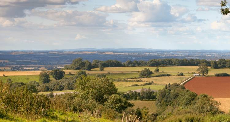 Vaste panorama de campagne avec des champs en damier, des haies et des collines lointaines sous des nuages épars.