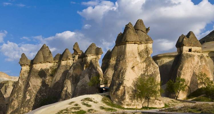 Rangée de piliers rocheux en cheminée de fée fantaisistes sous un ciel partiellement nuageux en Cappadoce.
