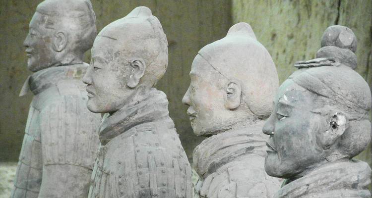 Close-up of Terracotta Warrior statues in Xi'an's famed underground army exhibit.