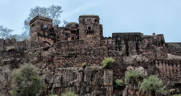Antike steinerne Ranthambore-Festung, die auf schroffen Klippen thront, mit struppiger Vegetation darunter.