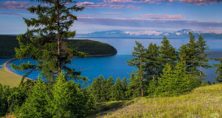 Vue panoramique d'un lac bleu profond encerclé par une forêt de pins et des sommets enneigés au loin sous une aube aux nuages roses.